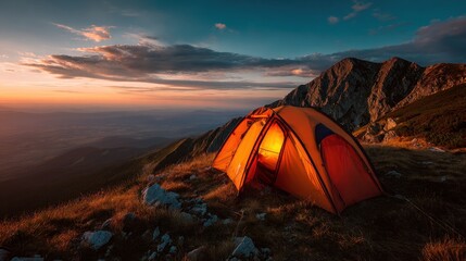Camping adventure: Illuminated tent on mountain peak during sunset landscape beauty