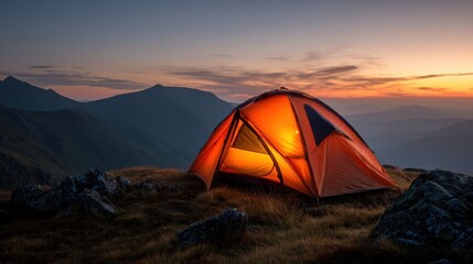 Scenic mountain camping adventure with illuminated tent at twilight breathtaking landscape