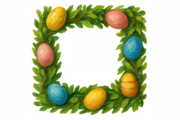 Easter egg foliage wreath frame composition, springtime celebration holiday decoration on transparent background