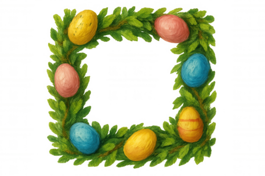 Easter egg foliage wreath frame composition, springtime celebration holiday decoration on transparent background