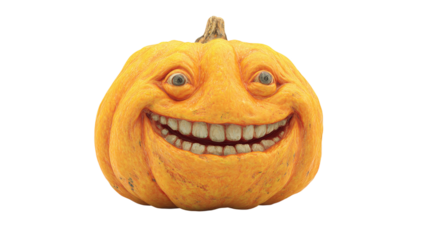 Funny pumpkin head with exaggerated grin, lighthearted Halloween design, isolated on transparent background 