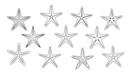 Obraz premium Collection of twelve hand drawn outline starfish icons for summer beach ocean theme design silhouette