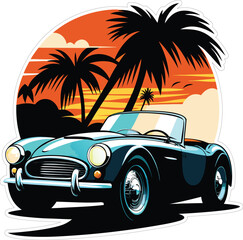 Classic convertible sports car in tropical sunset scene with palm trees in vintage retro vector style