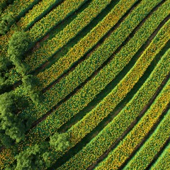 Aerial view of a vibrant sunflower field showcasing organized rows and lush greenery creating a
