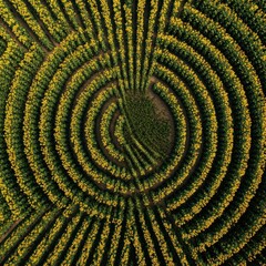 Aerial view of a sunflower maze, a vibrant and intricate natural labyrinth captured from above