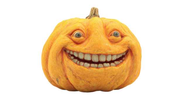Funny pumpkin head with exaggerated grin, lighthearted Halloween design, isolated on transparent background 