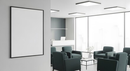background, Modern office interior with blank poster mockup on wall and seating area with city view and reception desk in daylight, 3D Rendering.3D Rendering, 
