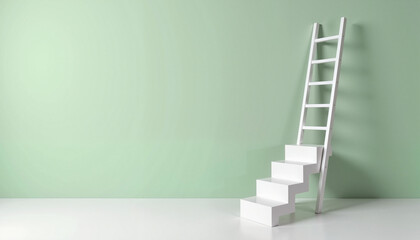 Ladder with steps against soft green wall, the concept of achieving goals, with copy space