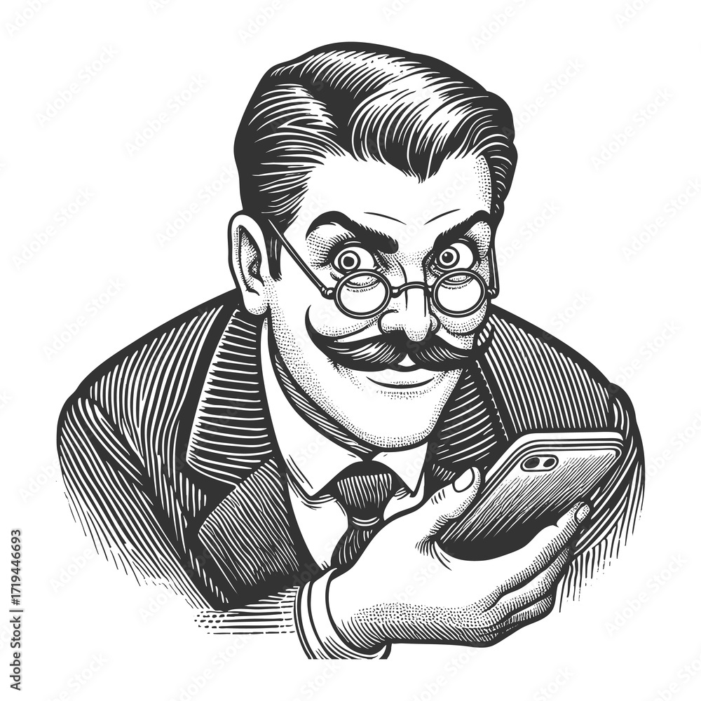 Aufkleber man with glasses and mustache, wearing a suit, holding a smartphone with playful expression sketch e