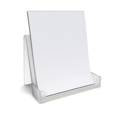 Transparent leaflet holder, display with blank pamphlets inside, isolated on white background.