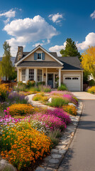 Front yard of a house with trees, plants and green lawn