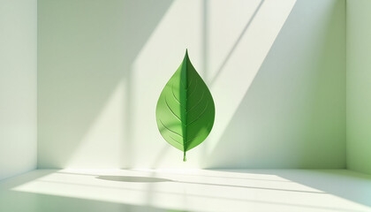 Minimalist green leaf in modern interior space, the concept of eco awareness, with copy space