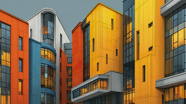 Contemporary city office building with colorful orange, yellow, and blue panels reflecting warm light, featuring modern glass windows and architectural design