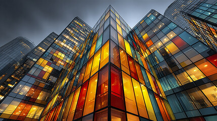 Modern city office building with colorful glass panels reflecting warm light under cloudy sky, creating vibrant and dynamic urban atmosphere at dusk
