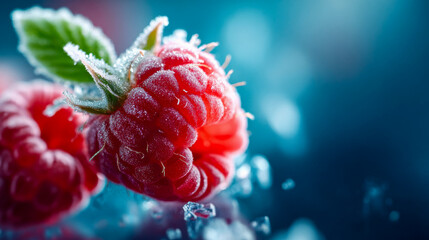 Close-up of frosty raspberry with ice crystals and green leaf detail in vibrant blue background