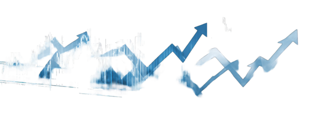 Abstract graphic with multiple upward trending arrows, stylized and layered with textured, faded blue forms