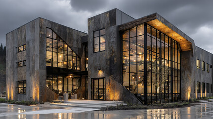 Obraz premium Modern commercial building with large glass windows and metal siding under cloudy sky, warm interior lighting creating inviting atmosphere at dusk