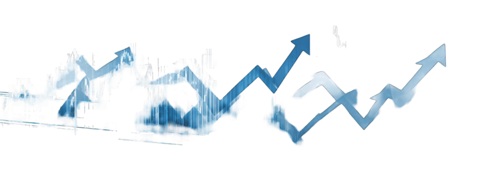 Abstract graphic with multiple upward trending arrows, stylized and layered with textured, faded blue forms - Powered by Adobe