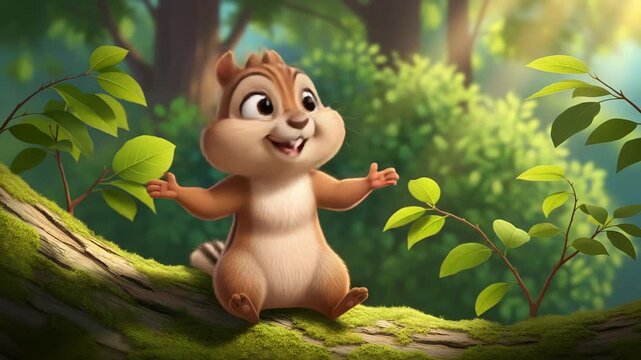Happy chipmunk sitting on a tree branch in the forest 4K video