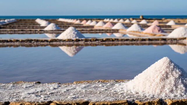 Salt Piles in Geometric Fields with Reflections in Blue Water Against a Clear Blue Sky on Canary Island