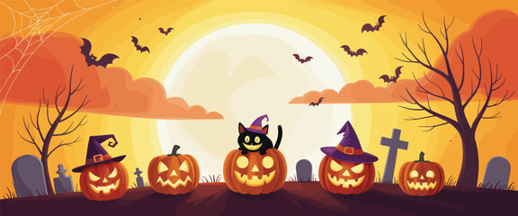 Halloween illustration at dusk, glowing pumpkins black cat witch hat moon graveyard bat, spooky festive design, eerie holiday graphic, vector clipart