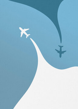Illustration of two airplanes flying in the sky with cloud stream