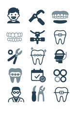 Flat vector orthodontic icon set collection with braces, aligners, dental check, implants, and tooth symbols for dentist and orthodontist projects.  
