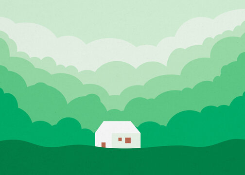 Minimal countryhouse surrounded by green forest illustration