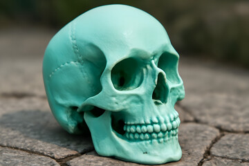 A teal human skull on a stone surface for halloween and day of the dead celebration with a spooky vibe, halloween design