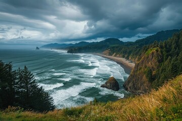 Ocean coastline with green hills and waves
