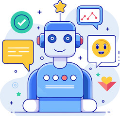 Artificial Intelligence Chatbot Collecting Customer Feedback &ndash; Flat Vector Illustration for Survey, Review, and User Experience Concept