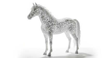 Fototapeta premium A white horse with intricate floral patterns covering its body, standing against a white background.