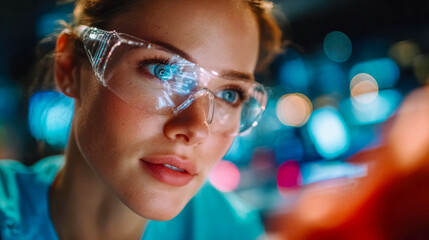 Female scientist in protective goggles focusing on experiment in laboratory with blue glowing lights