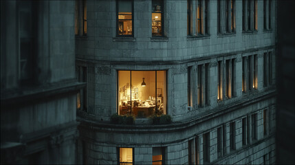 Office window aglow in dark city building at night showing warm light and interior workspace with desk, lamp, and framed pictures creating cozy atmosphere
