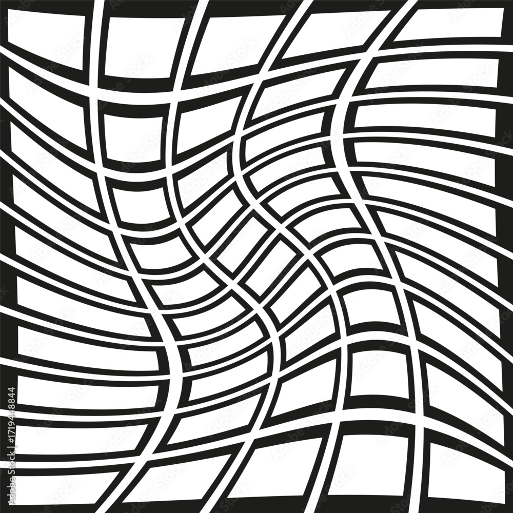 Poster abstract warped grid. black white pattern. distorted line texture. vector illusion illustration.