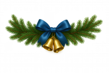 Christmas decoration with evergreen fir branches, blue ribbon bow, and golden bells, celebrating winter holidays