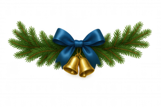 Christmas decoration with evergreen fir branches, blue ribbon bow, and golden bells, celebrating winter holidays