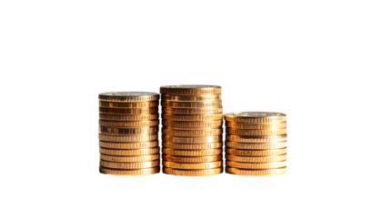 Three stacks of gold coins, decreasing in size from left to right, isolated on a black background