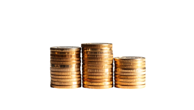 Three stacks of gold coins, decreasing in size from left to right, isolated on a black background