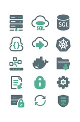 Flat vector SQL and database icon set collection including cloud, server, network, and security symbols, designed for technology, programming, and IT projects.  
