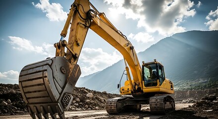 Powerful yellow excavator at a construction site with mountain backdrop