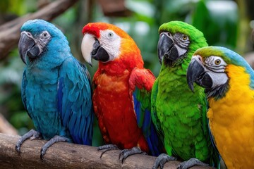 Fototapeta premium Four Colorful Macaws Perched on a Branch