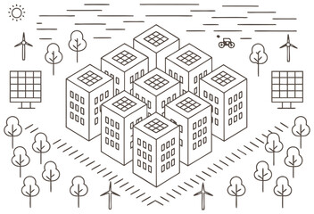 Isometric Eco Friendly Urban Housing and City Planning &ndash; Vector Illustration
