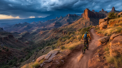 a cyclist in the mountains under a heavy cloudy sky. Male tourist biking along grassy trail in the mountains, wearing helmet and backpack.