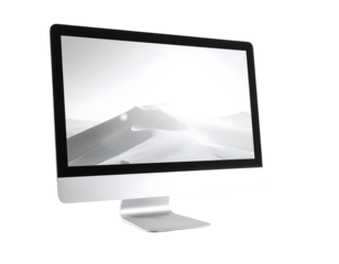 Sleek silver all-in-one desktop computer angled left, displaying a grayscale desert landscape on its large screen