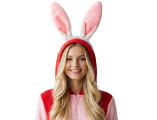 Blonde woman smiling in bunny costume with ears png isolated on transparent background