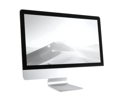 Sleek silver all-in-one desktop computer angled left, displaying a grayscale desert landscape on its large screen