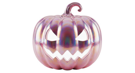 Obraz premium Shiny pink holographic pumpkin with glowing face png isolated on transparent background