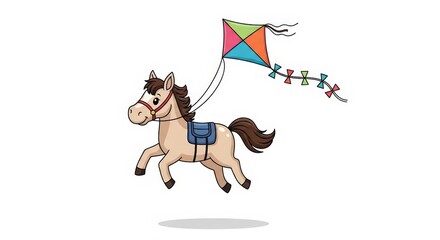A cute cartoon horse with a saddle and bridle is running with a colorful kite flying in the sky.