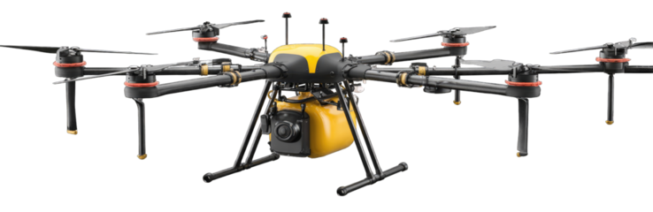 Agricultural drone with a yellow tank